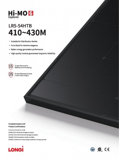 Moduł fotowoltaiczny Panel PV 420Wp Longi Solar LR5-54HTB-420M  HI-MO 6 Full Black
