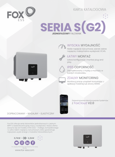 Falownik sieciowy 1-fazowy FoxESS S3300 - G2 3,3 kW