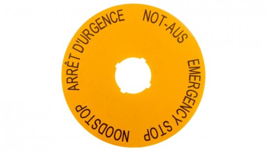 Tabliczka opisowa żółta okrągła fi90 EMERGENCY STOP (DE, GB, NL, F) M22-XAK3 216467