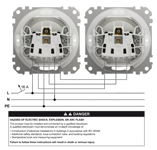 Schneider Electric, Sedna Design i Elements, Gniazdo zasilające 2P+PE z przesłonami torów pr. IP44, srebrne aluminium, SDD213013