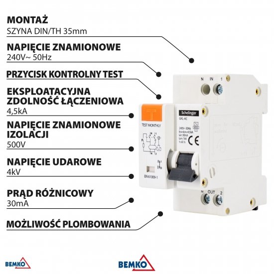 WYŁĄCZNIK RCBO 2P C 6A 30mA TYP AC SCHELINGER