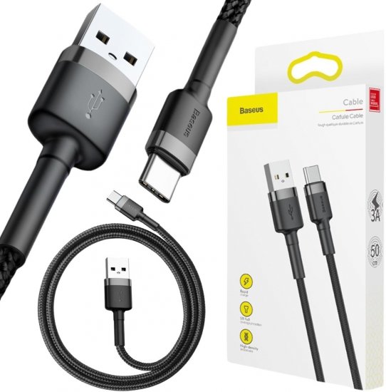 KABEL USB-A -|} USB-C Baseus Cafule CATKLF-AG1 50cm 3A QC 3.0 CZARNO-SZARY W NYLONOWYM OPLOCIE