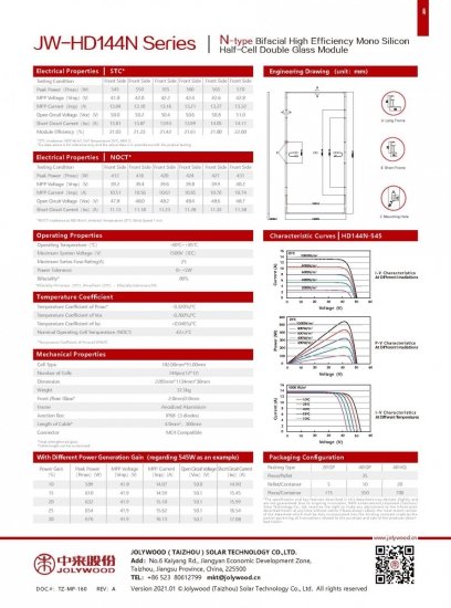 Moduł fotowoltaiczny panel PV 580Wp Jolywood M10 JW-HD144N-580W N-type Bifacial (15/30years) Srebrna rama