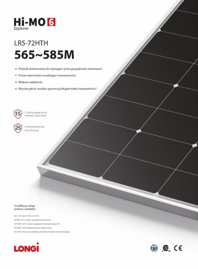 Moduł fotowoltaiczny Panel PV 585W Longi LR5-72HTH-585M Silver Frame