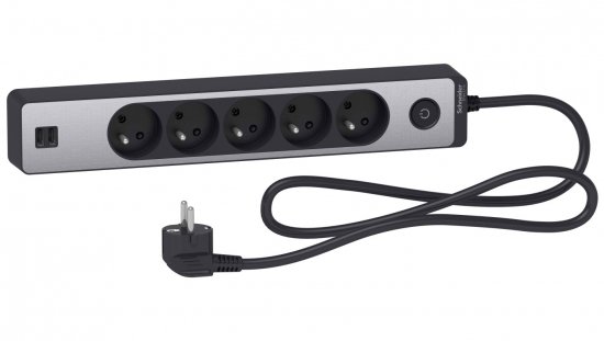 Odace Przedłużacz 5 gniazdowy z łącznikiem 2x USB, 1,5m antracyt szczotkowane aluminium ST935U1BA