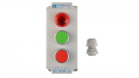 Kaseta sterownicza 3-otworowa z przyciskami zielony/czerwony   lampka sygnalizacyjna IP65 ST22K305-1