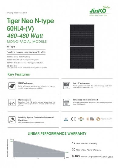 Moduł fotowoltaiczny panel PV 475Wp Jinko Solar JKM475N-60HL4-V SF Tiger Neo N-Type Monofacial Half Cut Srebrna Rama