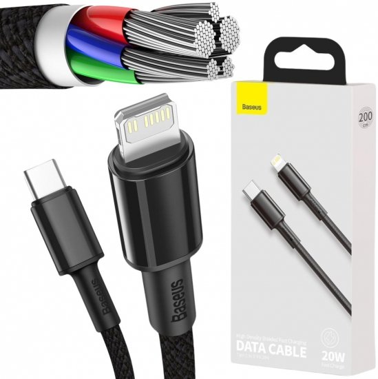 KABEL USB-C -|} Lightning / iPhone Baseus Cafule CATLGD-A01 2m 20W PD Quick Charging CZARNY W OPLOCIE