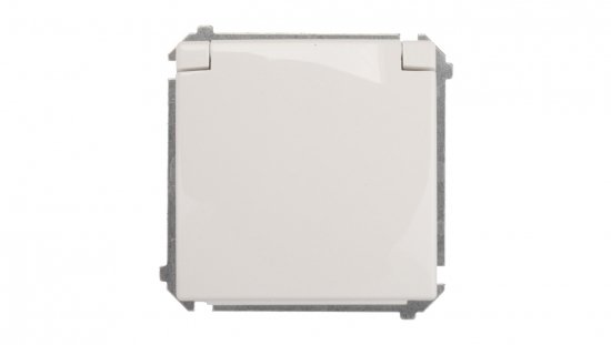 Simon Basic Gniazdo bryzgoszczelne z/u IP44 z przesłoną torów i klapką białe BMGZ1Bz.01/11