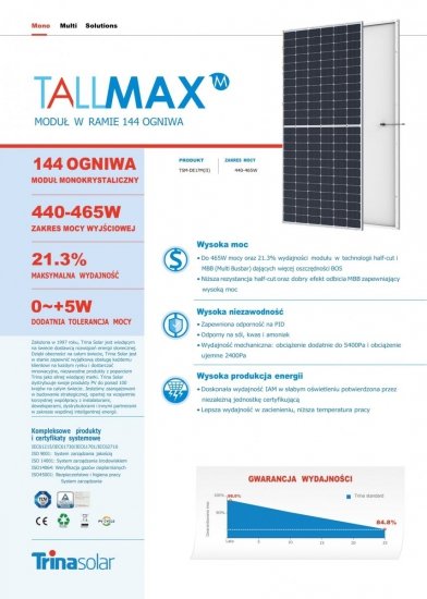 Moduł fotowoltaiczny Panel PV 455Wp Trina Tallmax TSM-455-DE17M(II) SF Srebrna Rama