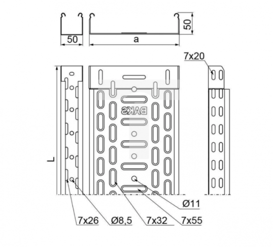 Korytko kablowe perforowane 50x50 grubość 1,0mm KGJ/KCJ/KPJ50H50/3 150605 /3m/