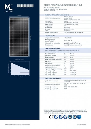 Moduł fotowoltaiczny panel PV ML SYSTEM BIFACIAL - Moduł 455 Wp Half CUT SILVER 