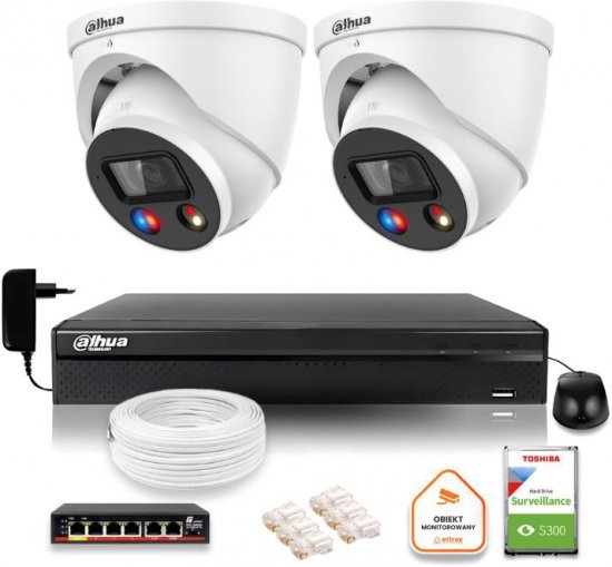 Zestaw monitoringu IP Dahua TIOC 5mpx 2K 2 kamery IPC-HDW3549H-AS-PV-0280B-S5 rejestrator z dyskiem do pracy ciągłej