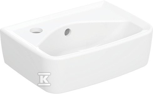 Rekord umywalka kompaktowa, kształt geometryczny, krótka, B35cm, H15cm, T25cm, z otworem na baterię z lewej strony, z przelewem