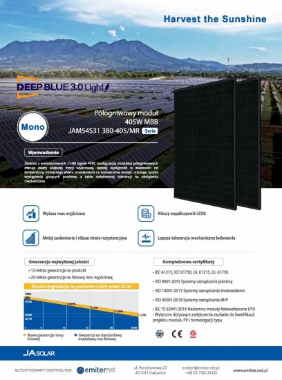 Moduł fotowoltaiczny Panel PV 405Wp JA Solar JAM54S31-405/MR_FB Full Black