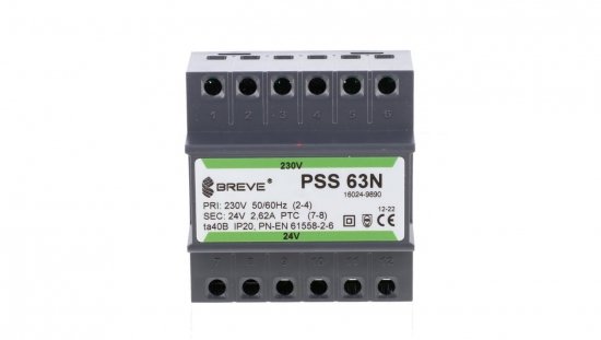 Transformator 1-fazowy modułowy bezpieczeństwa PSS 63N 230/ 24V 2,6A, na szynę DIN, IP20, Ta 40, 16024-9890