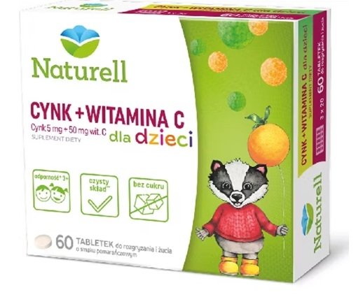 Naturell, Cynk Organiczny + Witamina C dla dzieci, 60 tabletek do żucia