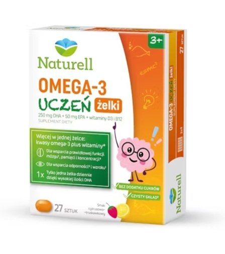 Naturell Omega 3 Uczeń, żelki, smak cytrusowo-truskawkowy, 27 sztuk