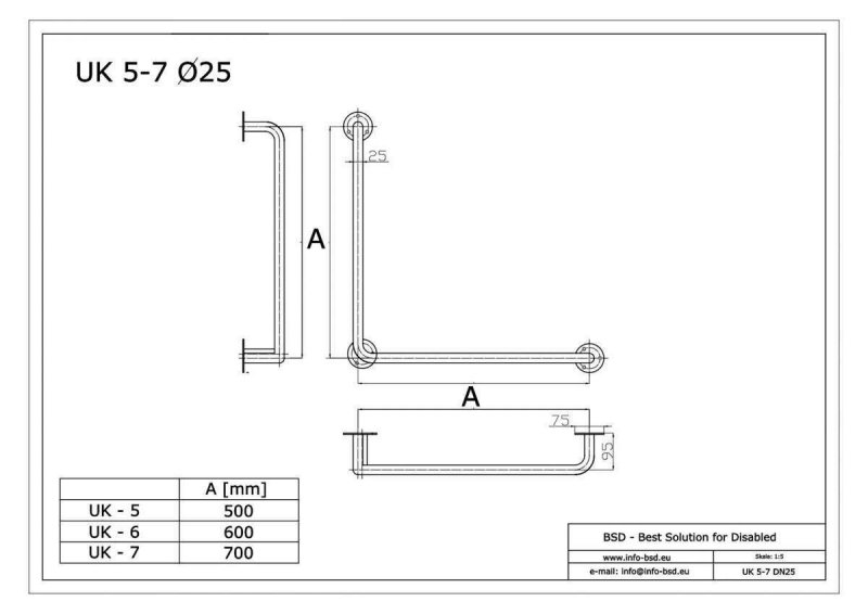 Uchwyt Kątowy dla Niepełnosprawnych 70/70cm stal nierdz fi25