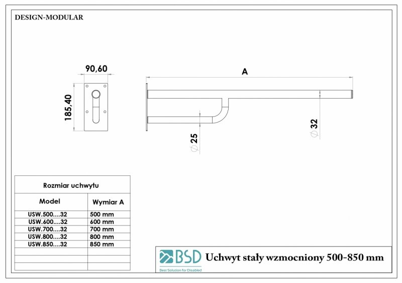 Uchwyt stały 75 cm dla niepełnosprawnych stal nierdzewna MODULAR