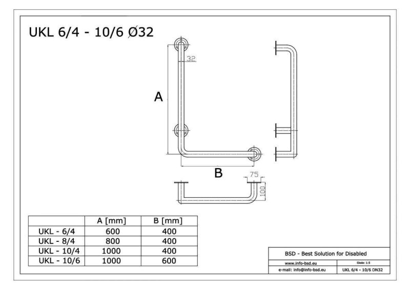 Uchwyt Kątowy dla Niepełnosprawnych lewy 100/60cm biały fi32 + MASKOWNICE