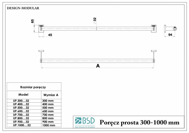 Poręcz Prosta dla Niepełnosprawnych stal nierdzewna 40 fi32mm