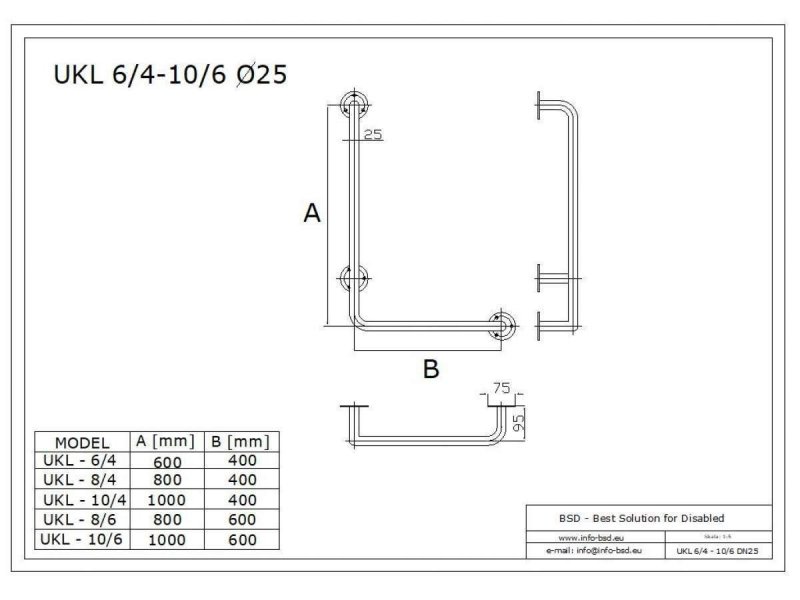 Uchwyt Kątowy dla Niepełnosprawnych lewy 60/40cm biały fi32