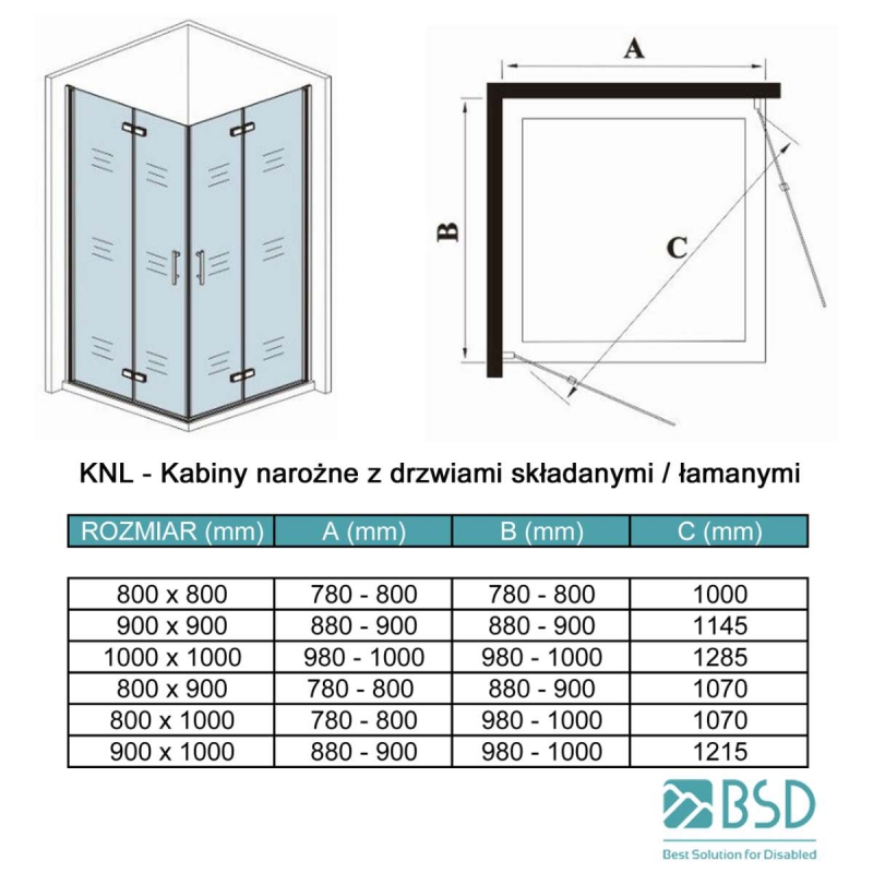 Kabina prysznicowa dla osób Niepełnosprawnych 80x80 cm narożna z drzwiami łamanymi składanymi na ścianę,