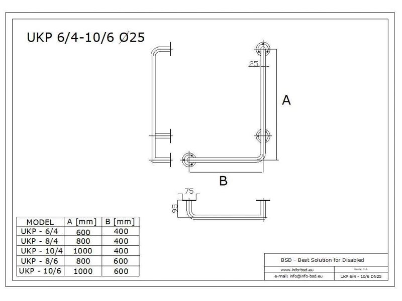 Uchwyt Kątowy dla Niepełnosprawnych prawy 100/40cm biały fi25