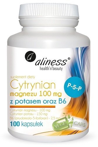 Aliness Cytrynian Magnezu 100 mg z potasem 150 mg, B6 (P-5-P) suplement diety 100 kapsułek VEGE