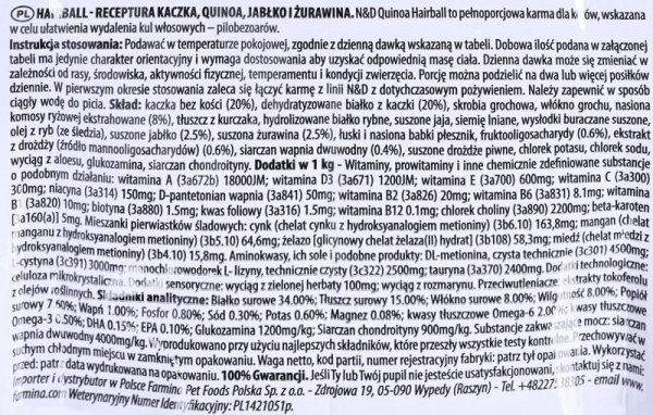 FARMINA N&D Quinoa Hairball - sucha karma dla kota - 1.5 kg