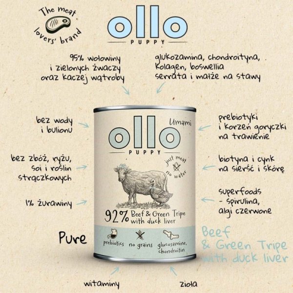 Ollo Puppy Umami Woł. żwacze z Kaczą Wątrobą 400g