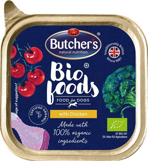 Butcher&#039;s BIO Foods Dog - mokra karma dla psa z kurczakiem w formie pasztetu - tacka 150 g