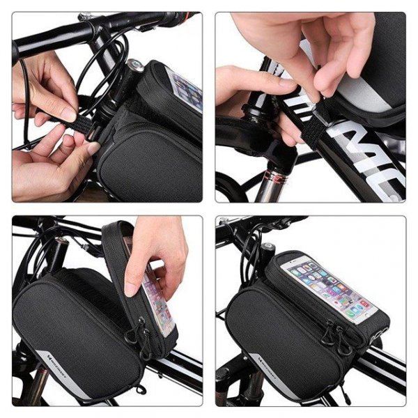 Wozinsky torba rowerowa na ramę + odczepiany pokrowiec na telefon do 6,5&quot; 1,5l czarna (WBB7BK)