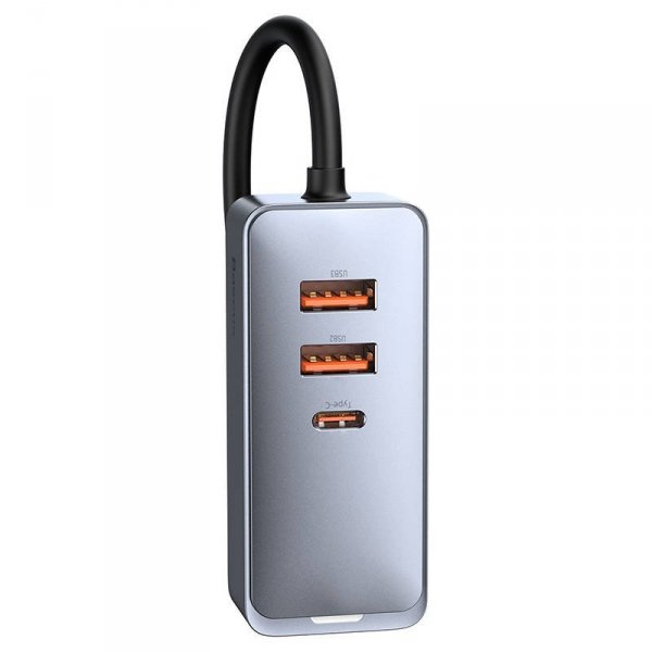 Ładowarka samochodowa Baseus Share Together z przedłużaczem, 3x USB, USB-C, 120W (szara)