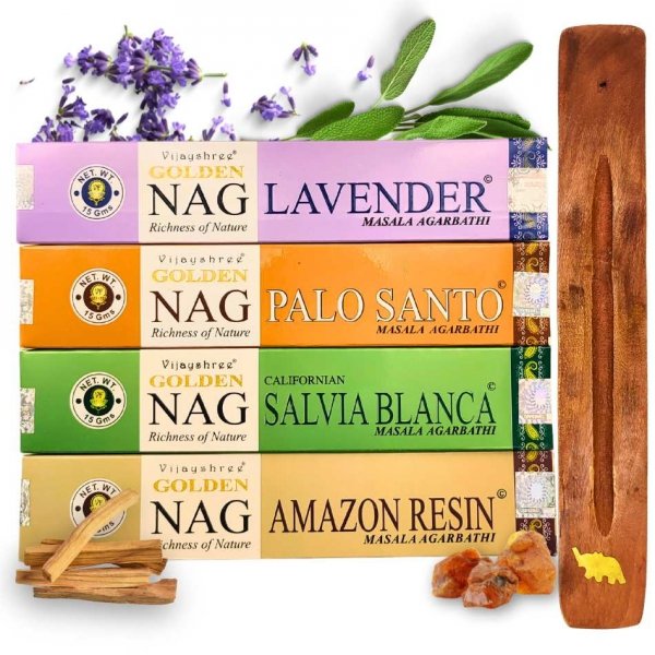 Kadzidełka Golden Nag Biała Szałwia, Palo Santo, Amazon Resin, Lawenda