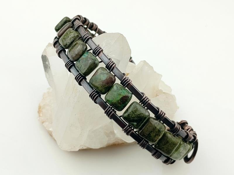 Męska bransoleta miedziana z ryolitem lasu deszczowego, obwód 18 cm, regulowany, waga 24 gramy, rękodzieło