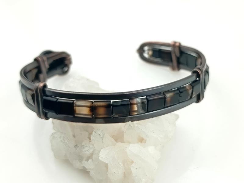 Męska bransoleta miedziana z czarnym agatem dla ekologa, tancerza, stomatologa