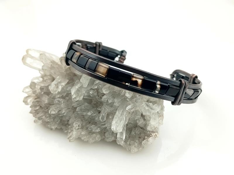 Męska bransoleta miedź z czarnym agatem dla znaku Byka, Skorpiona, Bliźniąt, Panny i Strzelca