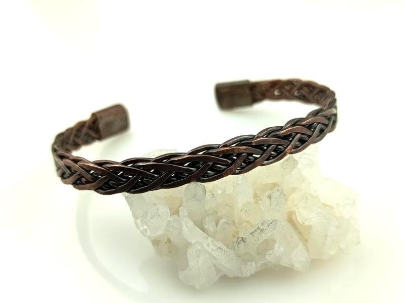 Ręcznie wyplatana męska bransoleta z drutu miedzianego, obwód 18.5 cm, regulowany, waga 16 gram, znak Byka i Strzelca, rękodzieło 