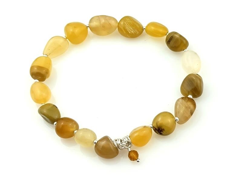 Opal żółty - bransoletka na podwójnej gumce, srebro, obwód 18 cm, waga 12.3 grama, rękodzieło