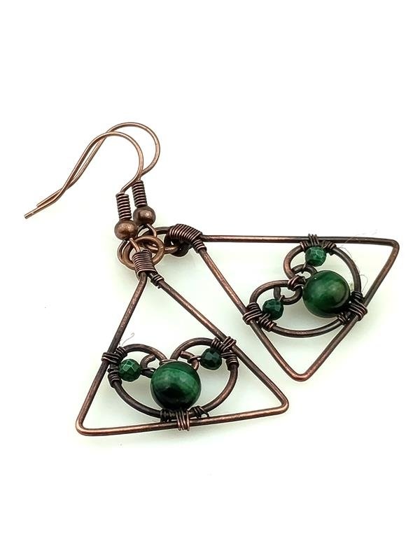 Malachit - kolczyki miedziane 4.9x2.7 cm, waga kolczyków 4.2 grama, rękodzieło
