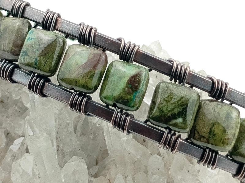 Męska bransoleta miedź z ryolitem lasu deszczowego – kamieniem radości życia