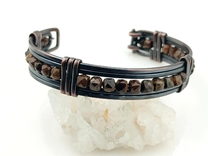 Męska bransoleta miedź z tygrysim okiem – kamieniem witalności, siły, uczciwości