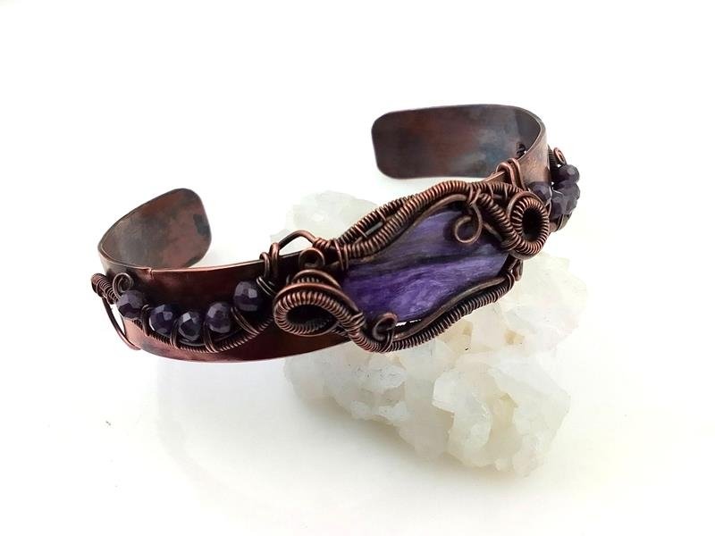 Czaroit - damska bransoletka miedziana, obwód 18 cm - regulowany, waga 21 gram, rękodzieło