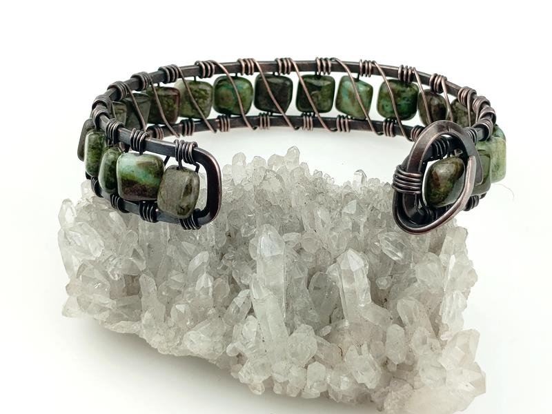 Męska bransoleta miedź z ryolitem lasu deszczowego – kamieniem uzdrowienia Ziemi, połączenia z Naturą, radości życia