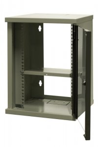 Szafa wisząca niedzielona 10'' 9U, drzwi blacha/szkło, 325×330x445mm (szer./gł./wys.) (w zestawie: półka stała oraz ko