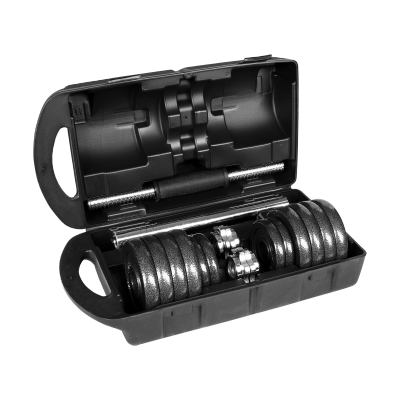 Hantle żeliwne regulowane w walizce z gryfem, zestaw 15kg  REBEL ACTIVE