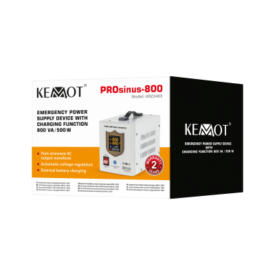 Zasilacz awaryjny KEMOT PROsinus-800 przetwornica z czystym przebiegiem sinusoidalnym i funkcją ładowania  12V 230V 800VA/500W
