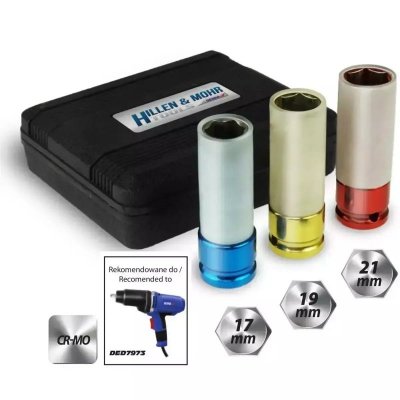 Nasadki udarowe do felg aluminiowych, kpl 1/2&quot; 17,19,21mm